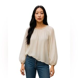 TEMPO PARIS Women’s Sheer White Size M/L Gold Embroidered Neckline Blouse